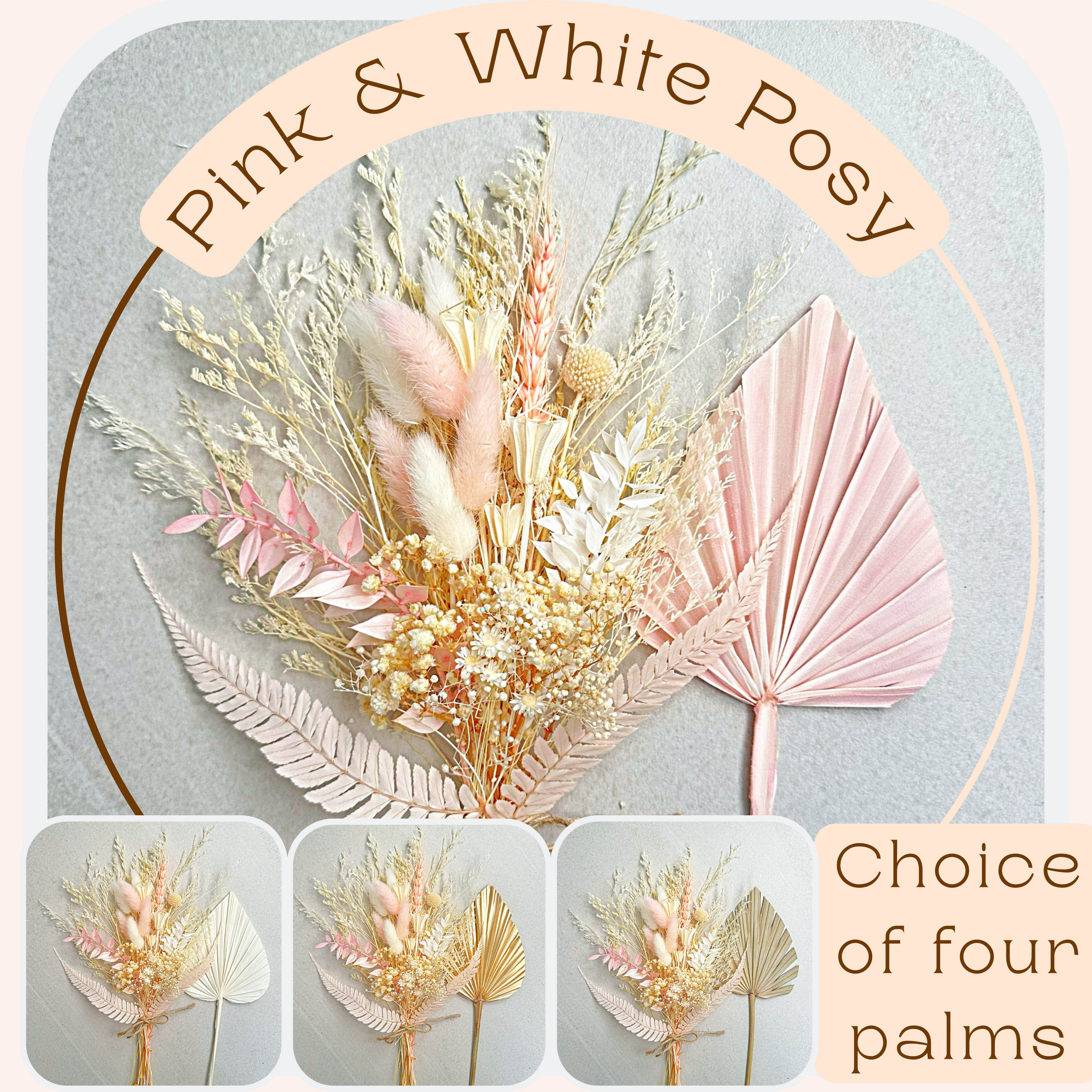 Dried Flower Bouquet Cake Topper - Pink and White in 4 Palm Colours