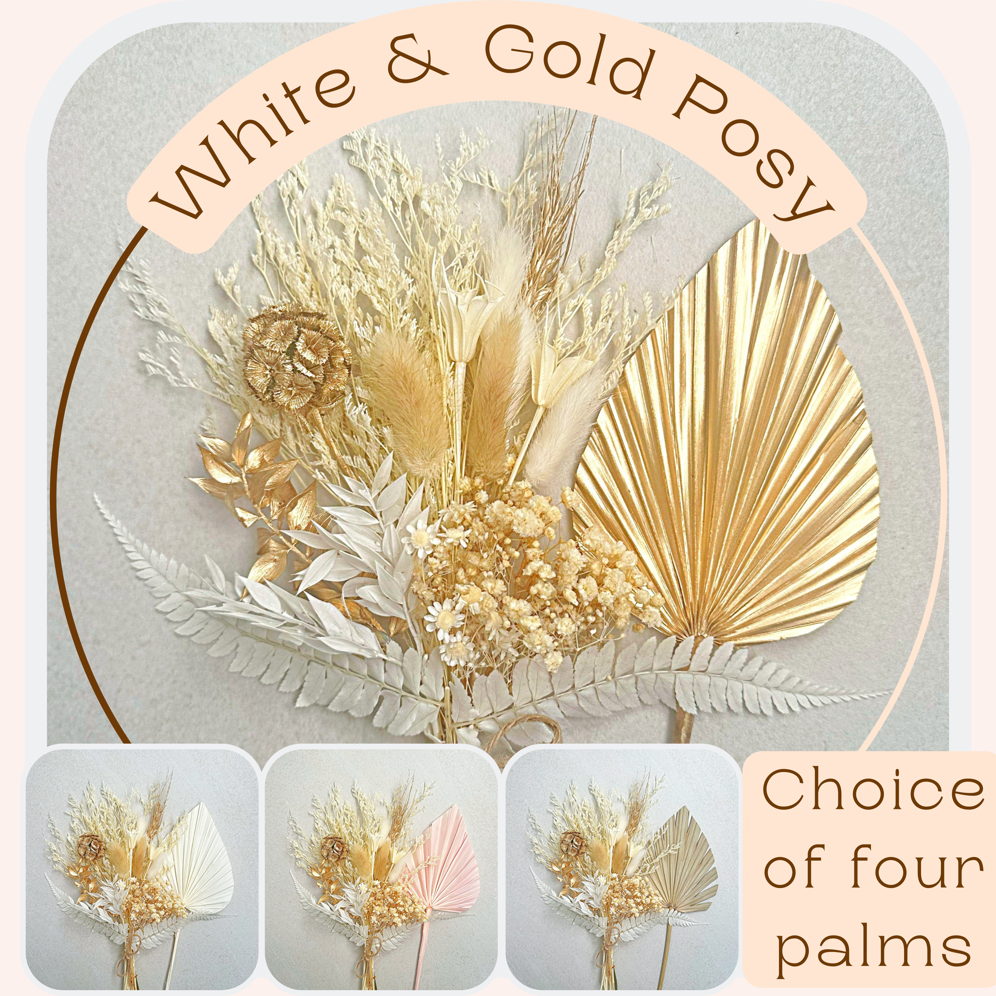 Dried Flower Bouquet Cake Topper - Gold and White in 4 Palm Colours