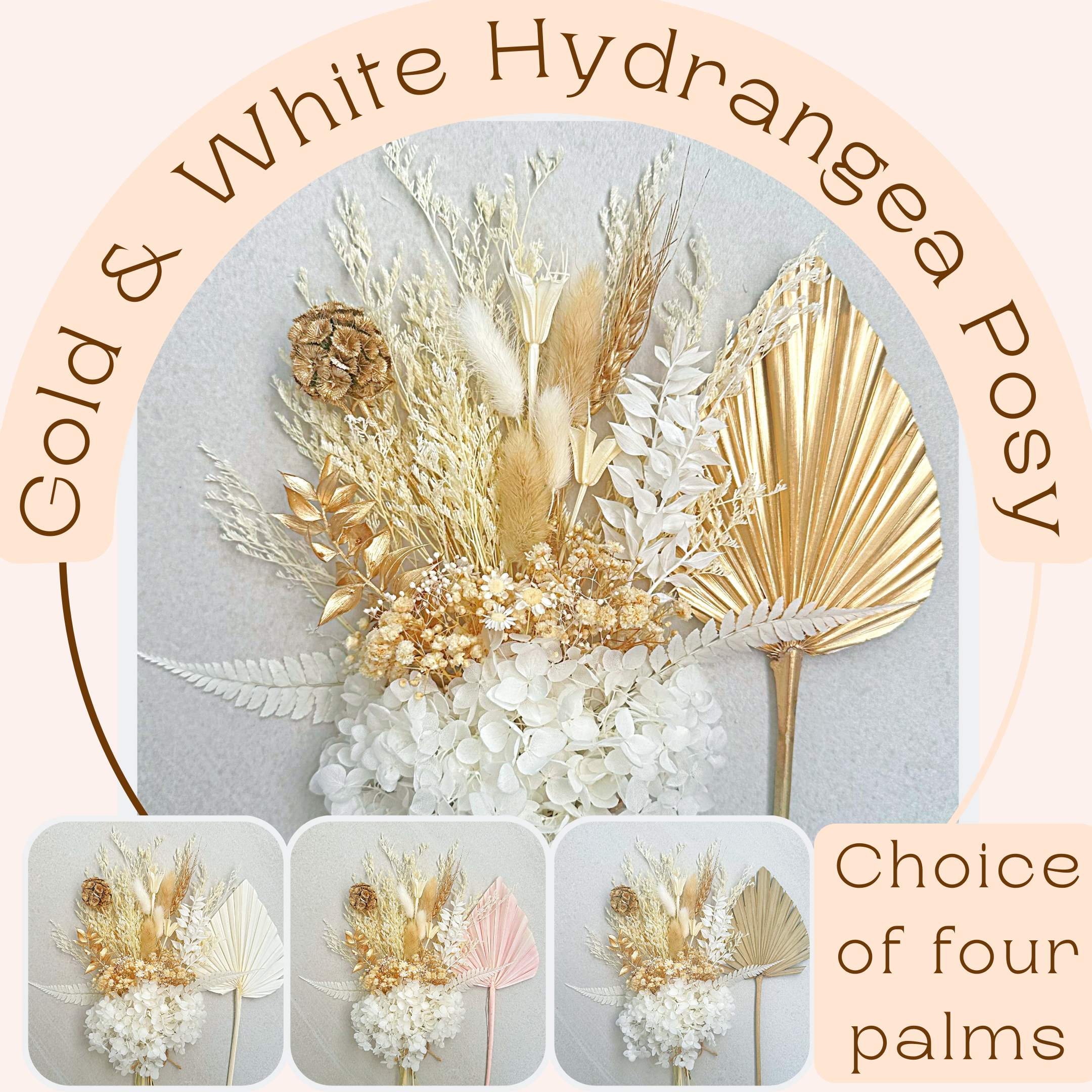 Dried Flower Bouquet Cake Topper with Hydrangea - Gold and White in 4 Palm Colours