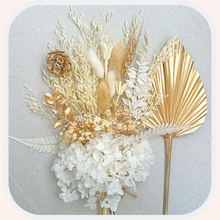 Load image into Gallery viewer, Dried Floral Cake Topper | Gold and White Posy with Hydrangea
