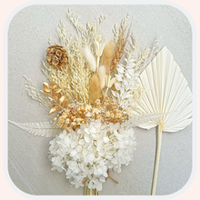 Load image into Gallery viewer, Dried Floral Cake Topper | Gold and White Posy with Hydrangea
