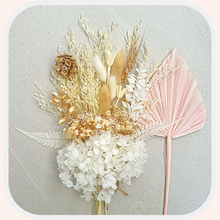 Load image into Gallery viewer, Dried Floral Cake Topper | Gold and White Posy with Hydrangea
