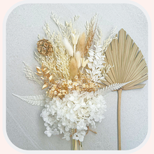 Load image into Gallery viewer, Dried Floral Cake Topper | Gold and White Posy with Hydrangea
